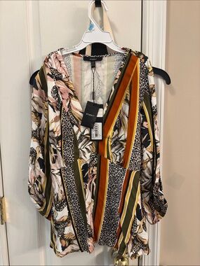 Studio F Mixed-Print Wrap Blouse in Multi Stripe and Floral size XXS